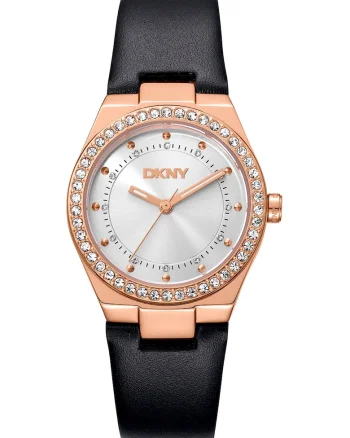 Ceas cu o curea de piele, Auriu rose/Negru