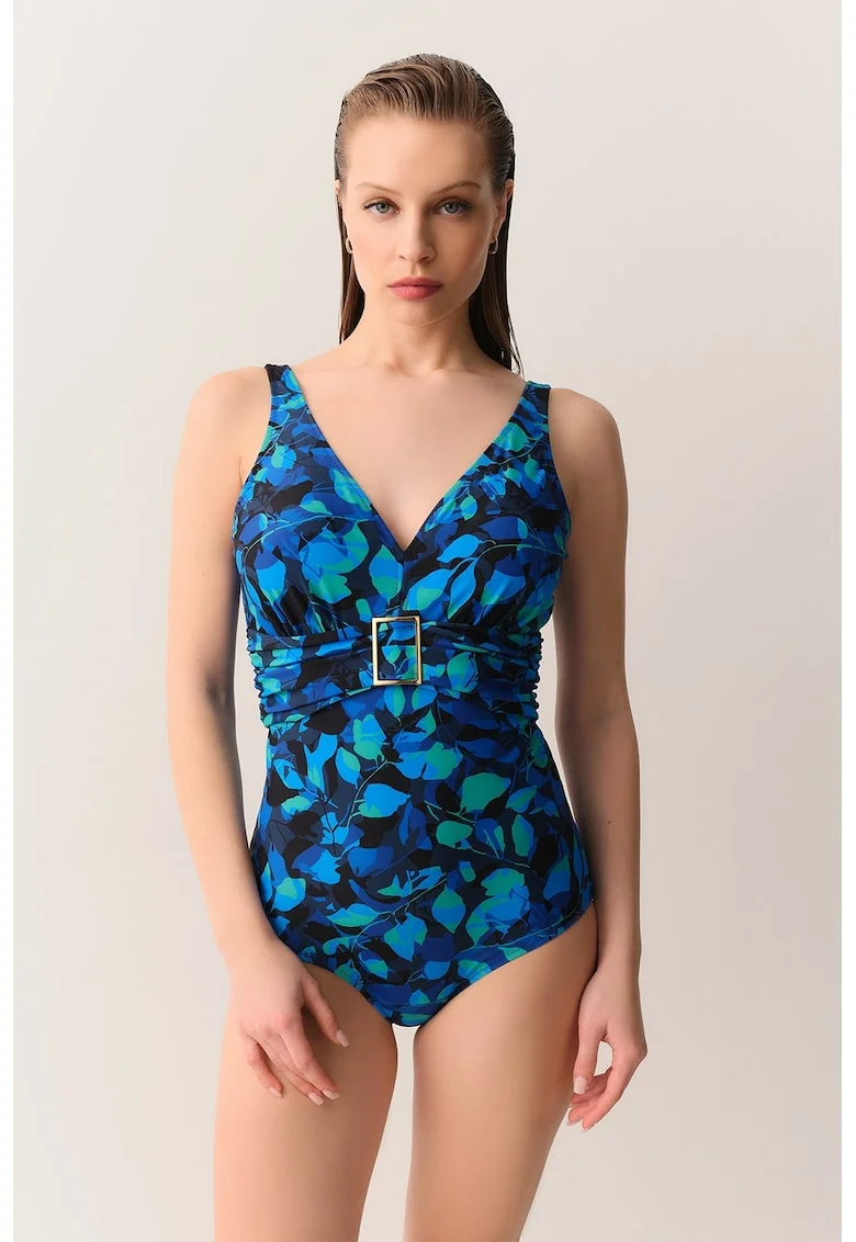 Costum de baie intreg cu o curea, Negru/Verde lime/Albastru