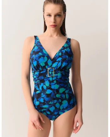 Costum de baie intreg cu o curea, Negru/Verde lime/Albastru