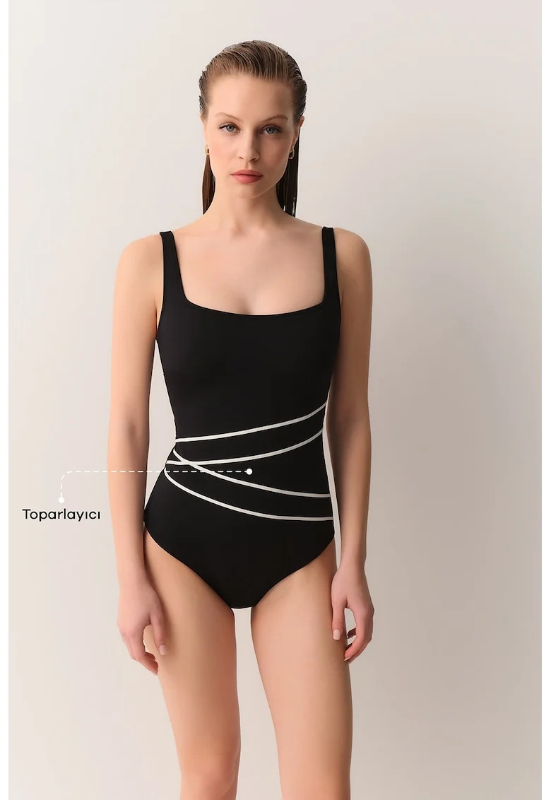 Costum de baie cu decolteu patrat, Alb/Negru