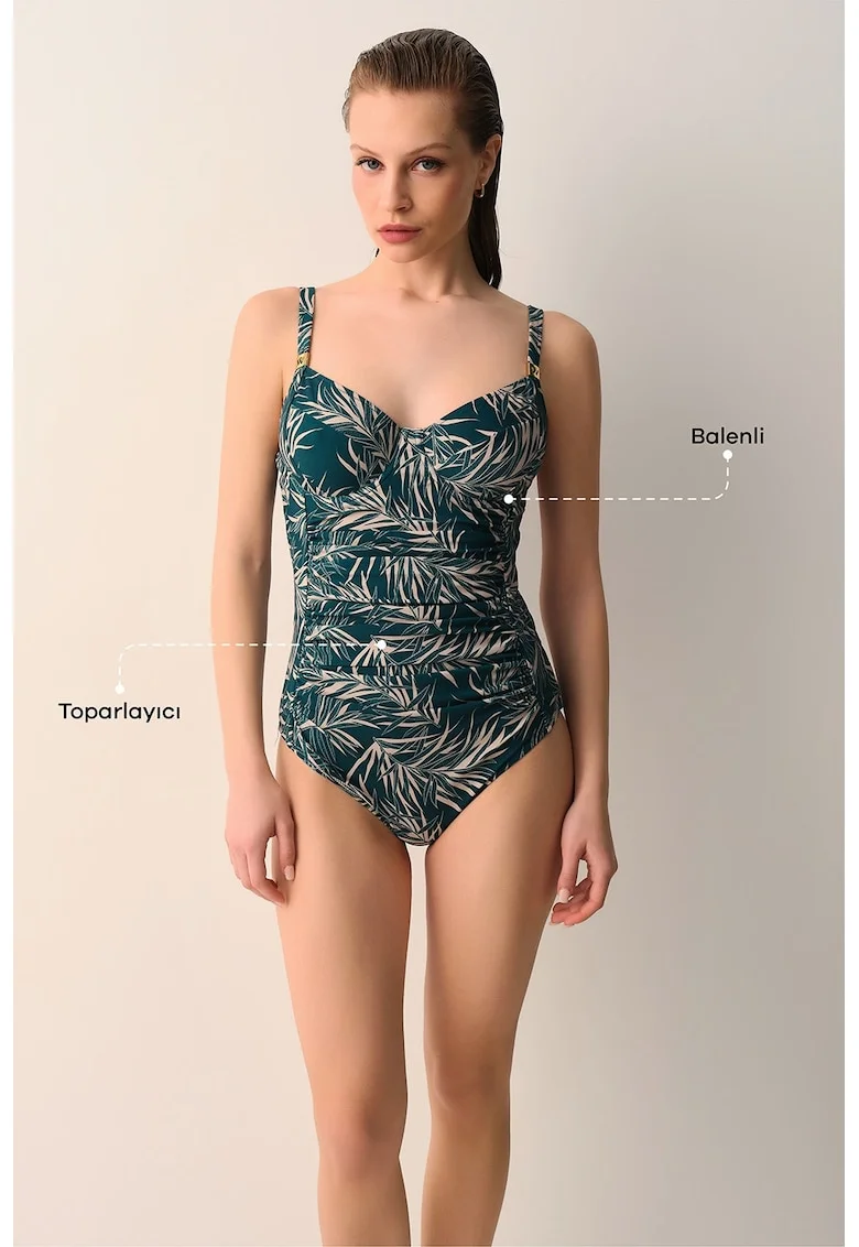 Costum de baie intreg cu imprimeu tropical, Verde englez/Maro camel