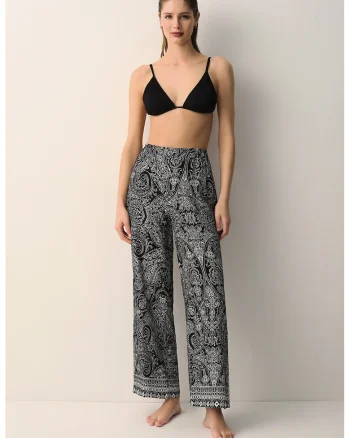 Pantaloni relaxed fit cu model paisley pentru plaja, Alb/Negru