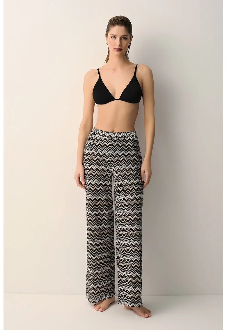 Pantaloni cu talie inalta si model in dungi, Negru/Maro nisip/Albastru glaciar