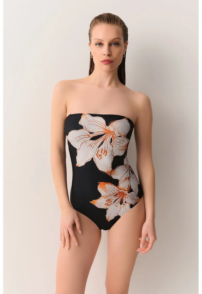 Costum de baie intreg cu imprimeu floral, Negru/Portocaliu/Roz pal