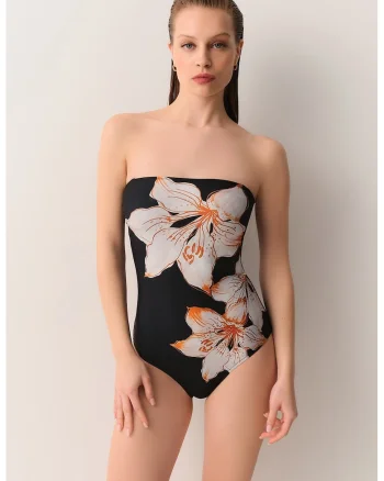 Costum de baie intreg cu imprimeu floral, Negru/Portocaliu/Roz pal