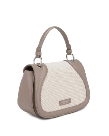 Geanta din piele ecologica si material textil cu clapa si bareta pentru umar Eterea, Maro taupe