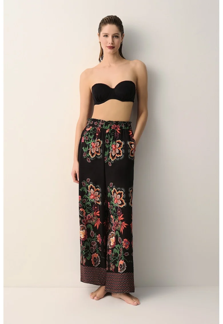 Pantaloni cu croiala ampla si model floral pentru plaja, Verde/Negru/Portocaliu mandarina