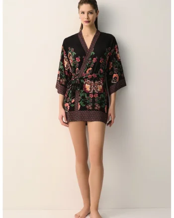Chimono cu model floral pentru plaja, Rosu/Verde/Negru