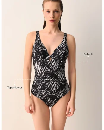 Costum de baie intreg cu model, Alb/Negru/Violet prafuit