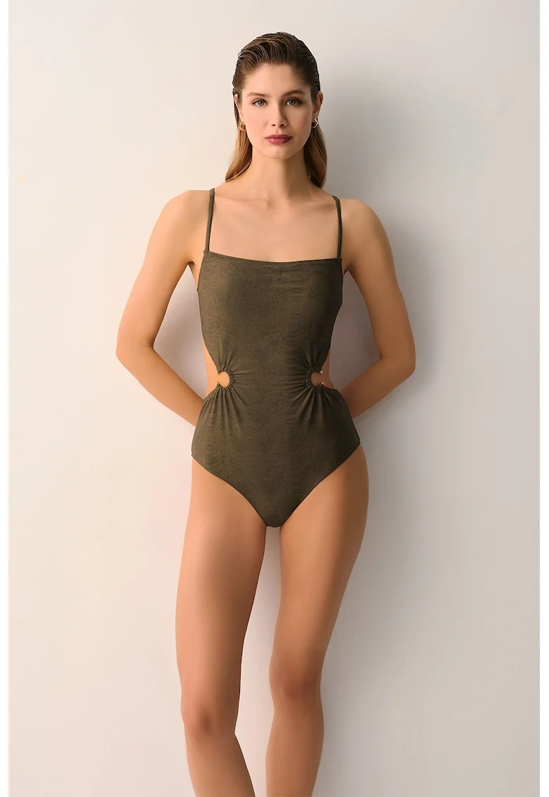 Costum de baie intreg cu model piele de reptila, Kaki inchis