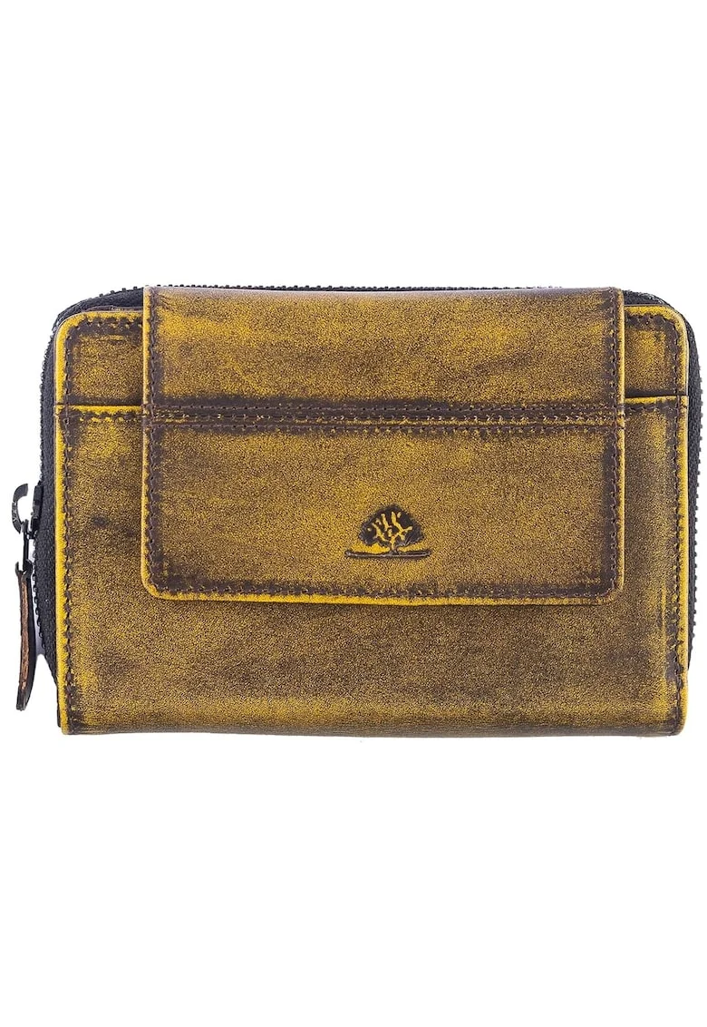 Portofel dama piele naturala 13.5 x 10.5 x 2.5, Destressed, Greenfwqdburry, Galben, 13.5 x 10.5 x 2.5 cm