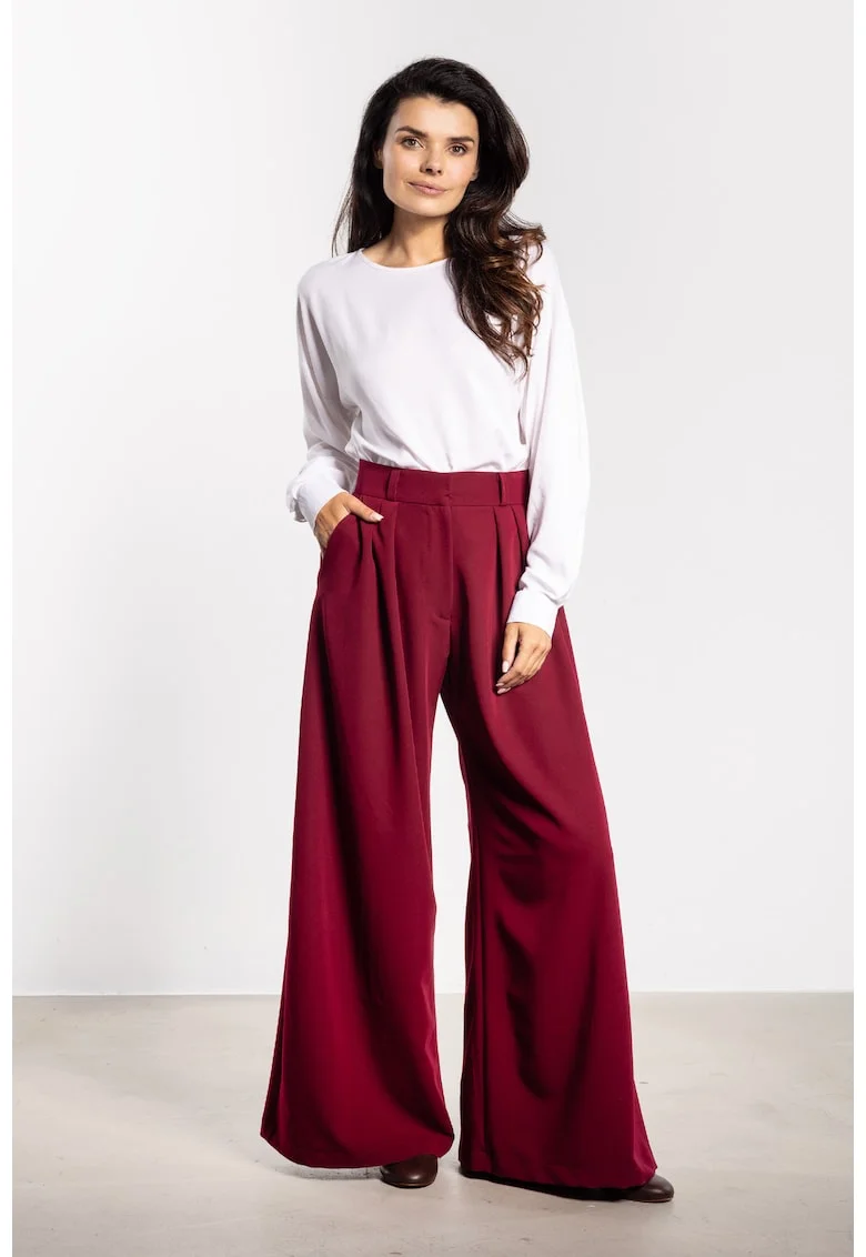 Pantaloni eleganti de dama cu picior larg si talie inalta A743, Visiniu