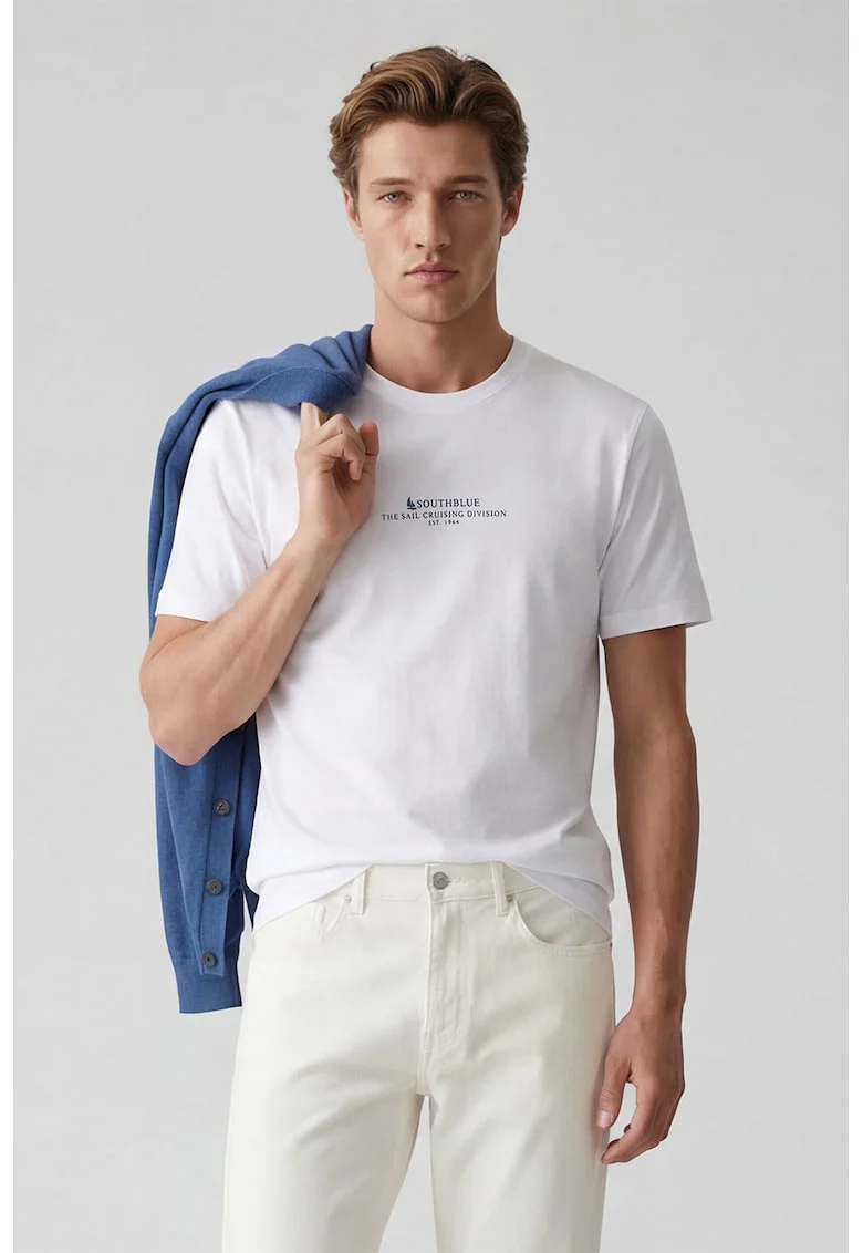 Tricou cu decolteu la baza gatului si imprimeu text, Alb