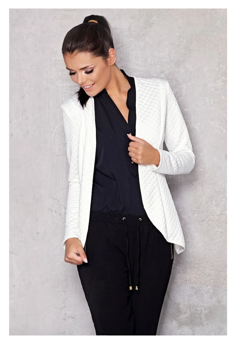 Sacou Cambrat De Dama,  Alb, Textura Matlasata, Material Jerseu Premium, Design Modern Ce Accentueaza Talia, Inchidere Discreta Cu Mos Si Baba, Stil Casual-Elegant, Jacheta Versatila Office, Haine Dama Deosebite, Lux, Alb