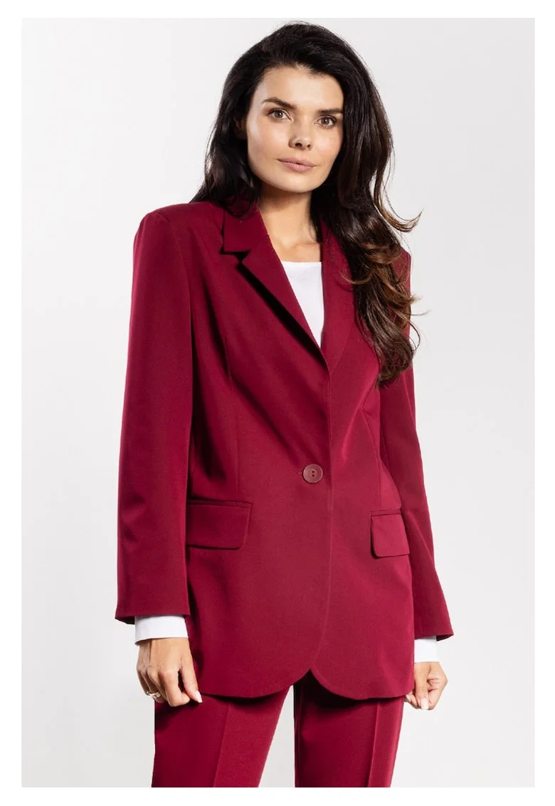 Sacou Elegant De Dama,  Marimea M, Visiniu Burgund, Design Clasic Cu Rever Si Inchidere Cu Un Nasture, Material Premium Calitativ Cu Viscoza, Croiala Lejera Confortabila Prevazuta Cu Buzunare Cu Clape, Haine Office Casual De Lux, Versatil