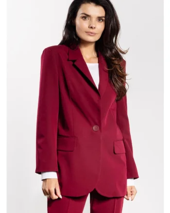 Sacou Elegant De Dama,  Marimea M, Visiniu Burgund, Design Clasic Cu Rever Si Inchidere Cu Un Nasture, Material Premium Calitativ Cu Viscoza, Croiala Lejera Confortabila Prevazuta Cu Buzunare Cu Clape, Haine Office Casual De Lux, Versatil