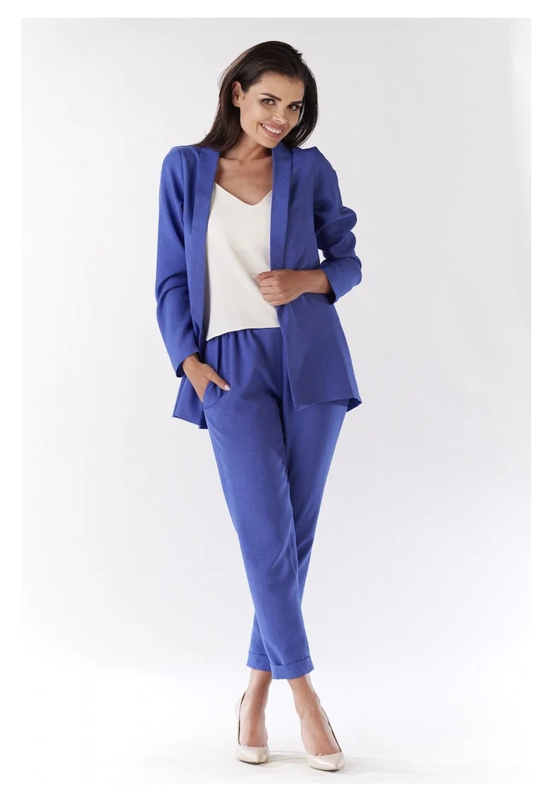 Sacou Lejer De Dama Cu Guler Sal,  Marimea L, Albastru Royal, Design Minimalist Modern, Material Premium Poliester Si In, Maneci Lungi, Croiala Relaxata Ideala Pentru Completarea Tinutelor De Vara, Sacou Elegant Versatila, Stil Casual, Lux