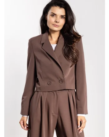 Sacou Elegant Scurt De Dama,  Design Cu Doua Randuri De Nasturi, Material Premium Cu Viscoza, Croiala Lejera Supradimensionata Office De Lux Pentru Iarna, Ciocolatiu
