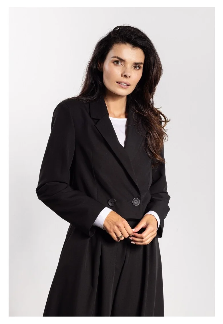 Sacou Elegant Scurt De Dama,  Negru, Design Cu Doua Randuri De Nasturi, Material Premium Cu Viscoza, Croiala Lejera Supradimensionata Pana In Talie, De Confortabil, Office De Lux, Toamna Iarna, Negru