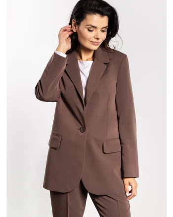 Sacou Elegant De Dama,  Maro Ciocolatiu, Design Clasic Cu Rever Si Inchidere Cu Un Nasture, Material Premium Confortabil Cu Viscoza, Croiala Lejera Prevazuta Cu Buzunare Cu Clape, Tinuta Office De Lux, Pentru Toamna Iarna, Ciocolatiu