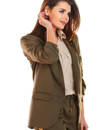 Sacou Elegant Lejer De Dama,  Kaki, Design Cu Guler Sal Si Buzunare Cu Clape, Material Premium Cu Elastan Si Captuseala, Maneci Trei Sferturi Incretite, Croiala Fara Inchidere Ce Echilibreaza Perfect Silueta, Stil Office Lux, Kaki