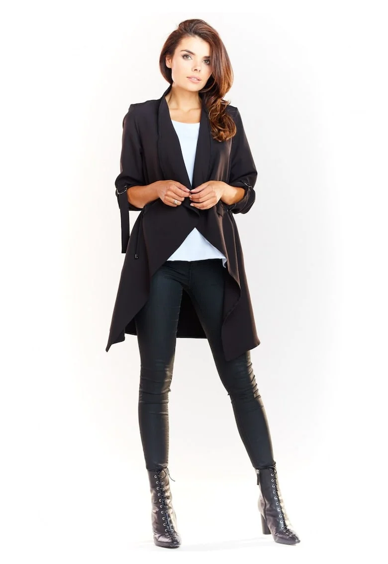 Sacou Elegant Lejera De Dama,  Bleumarin, Design In Stil Redingota Fara Inchidere, Material Calitativ Din Poliester Si Elastan, Maneci Lungi Cu Aplicatii Metalice, Clape Mari In Fata, Croiala Confortabila, Casual Lux, Albastru inchis