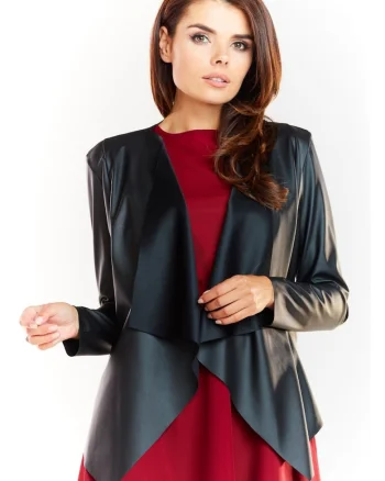 Sacou Elegant De Dama,  Negru, Design Minimalist Fara Inchidere, Material Premium Din Piele Ecologica, Maneci Lungi, Croiala Moderna Cu Taieturi Ce Accentueaza Talia Si Subtiaza Optic Silueta, Tinuta Versatila De Lux, Negru
