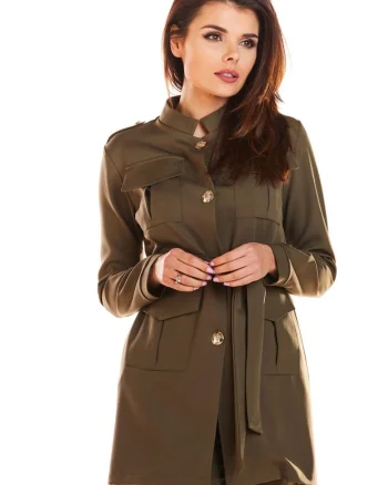 Sacou Elegant In Stil Militar De Dama,  Kaki, Design Cu Guler Tunica Si Buzunare Mari, Material Premium Poliester Si Elastan, Croiala Relaxata Cu Talia Accentuata De O Curea De Legare, Nasturi Aurii, Jacheta Casual De Lux, Kaki