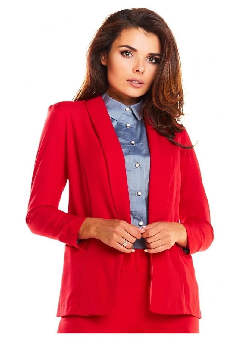 Sacou Elegant Lejer De Dama,  Rosu, Design Cu Decolteu Sal Fara Inchidere, Material Premium Cu Elastan, Croiala Confortabila Ideala Pentru O Tinuta Office Sau Evenimente Speciale, Haine Deosebite, Stil Casual-Chic, Lux, Rosu