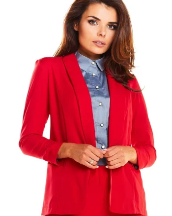 Sacou Elegant Lejer De Dama,  Rosu, Design Cu Decolteu Sal Fara Inchidere, Material Premium Cu Elastan, Croiala Confortabila Ideala Pentru O Tinuta Office Sau Evenimente Speciale, Haine Deosebite, Stil Casual-Chic, Lux, Rosu