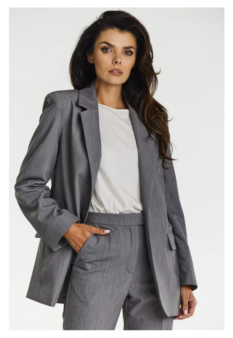 Sacou Elegant Lejer De Dama,  Marimea M, Gri, Design Minimalist Clasic, Material Premium Cu Viscoza, Croiala Casual Confortabila Prevazuta Cu Buzunare Cu Clape Si Inchidere Cu Un Nasture, Captuseala Cu Imprimeu Contrastant, Office Lux