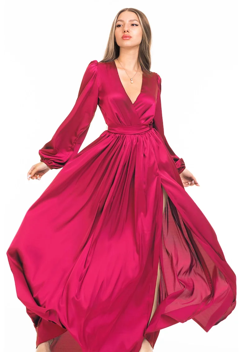 Rochie maxi evazata cu slit si model petrecut, Roz fucsia
