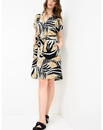 Rochie din amestec de in cu inchidere cu cordon, Negru/Kaki/Bej deschis