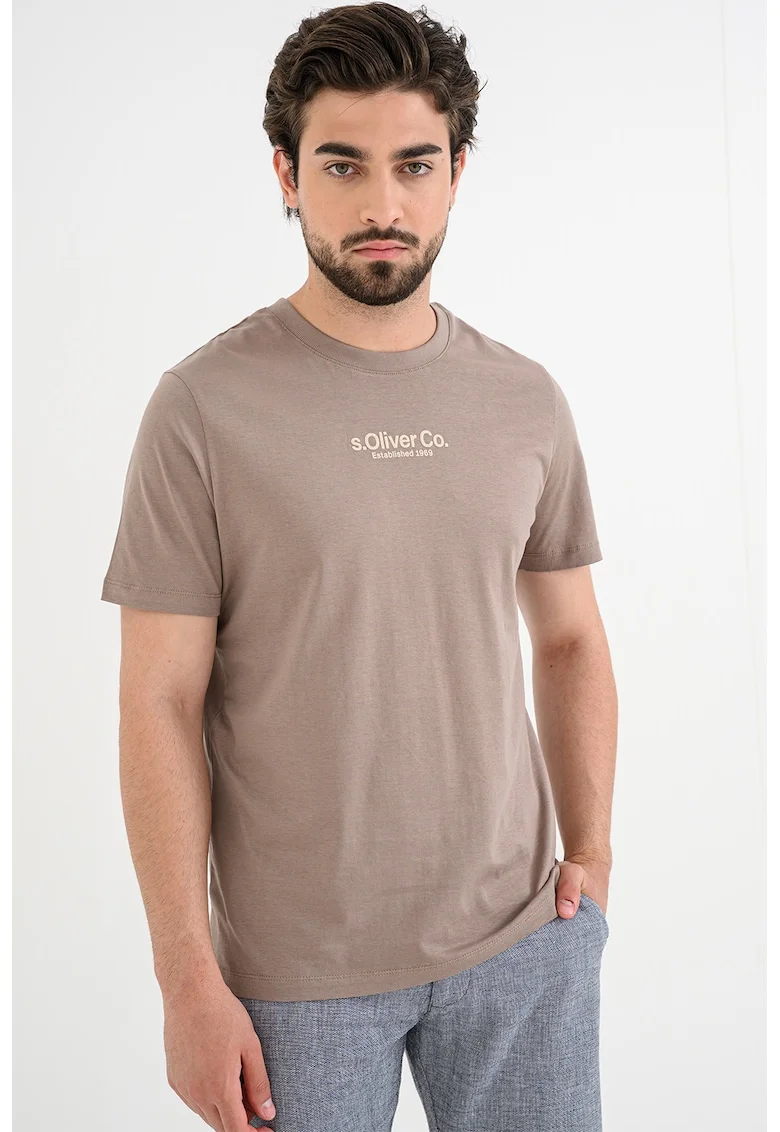 Tricou de bumbac cu imprimeu logo, Maro taupe deschis