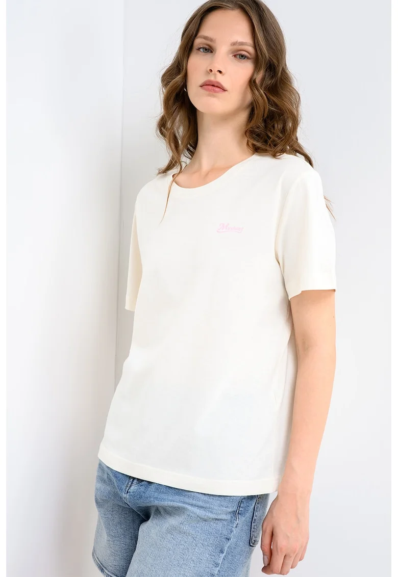 Tricou cu decolteu rotund si imprimeu logo pe piept Floris, Alb fildes