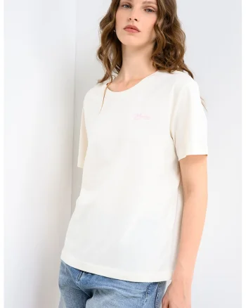 Tricou cu decolteu rotund si imprimeu logo pe piept Floris, Alb fildes