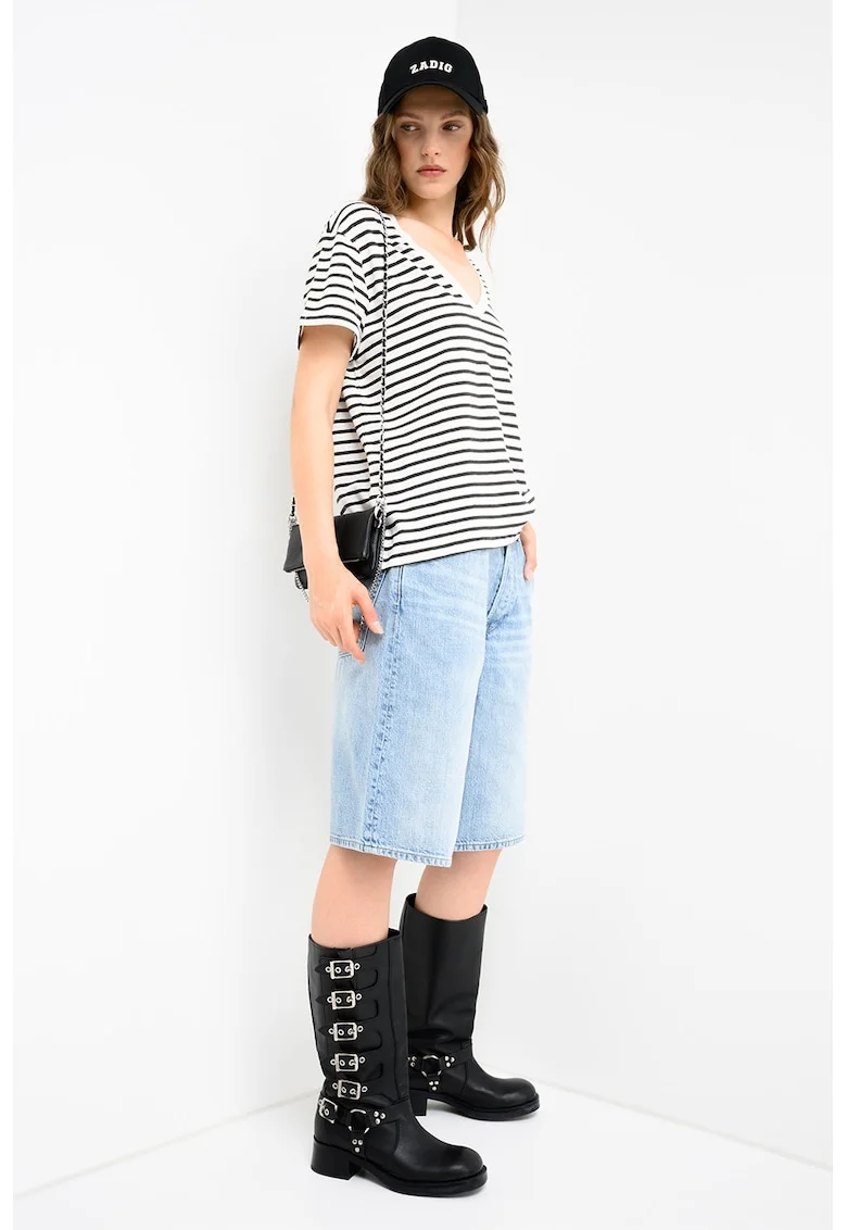 Tricou din amestec de in cu decolteu in V Amy, Negru/Alb murdar
