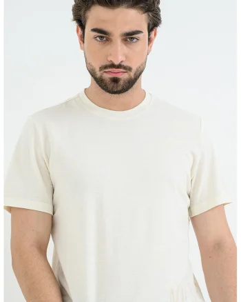 Tricou din bumbac cu decolteu la baza gatului Austin, Alb fildes/Maro camel