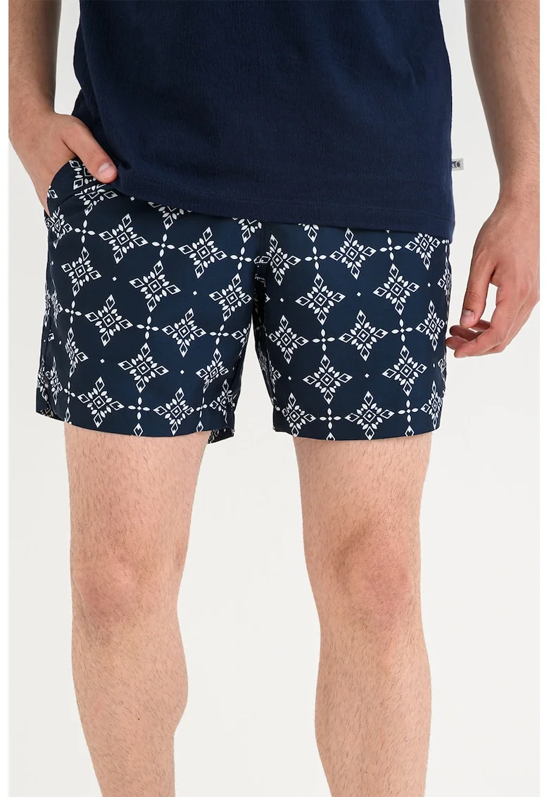 Pantaloni scurti de baie cu snururi si imprimeu, Bleumarin