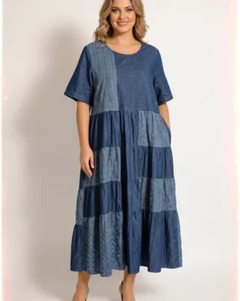 Rochie lunga din denim cudesign patchwork si croi lejer