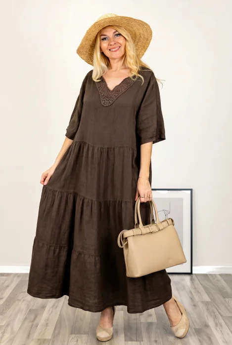 Rochie oversize cu volane si broderie la decolteu, din in maro