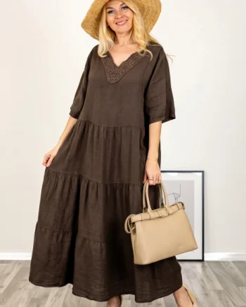 Rochie oversize cu volane si broderie la decolteu, din in maro