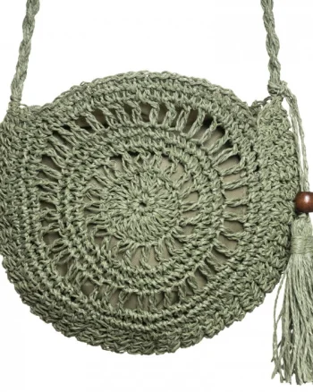 Geanta mica impletita crossbody, circulara cu ciucure decorativ, verde prafuit