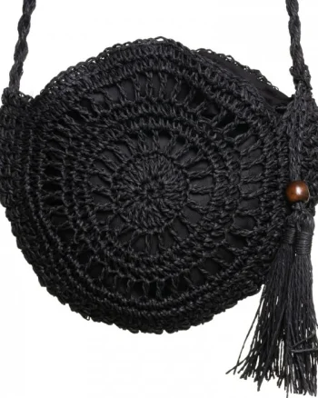 Geanta mica impletita crossbody, circulara cu ciucure decorativ, negru