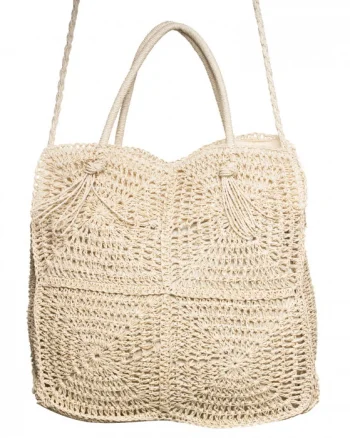 Geanta crossbody patrata mare, impletita cu noduri decorative, bej deschis