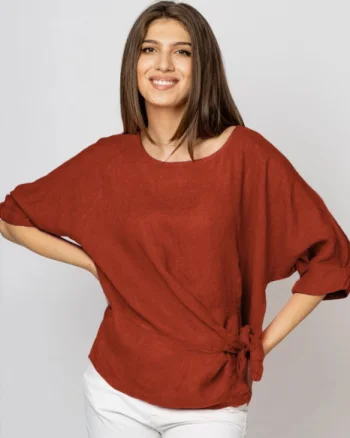 Bluza din in caramizie masura mare cu nod pe talie