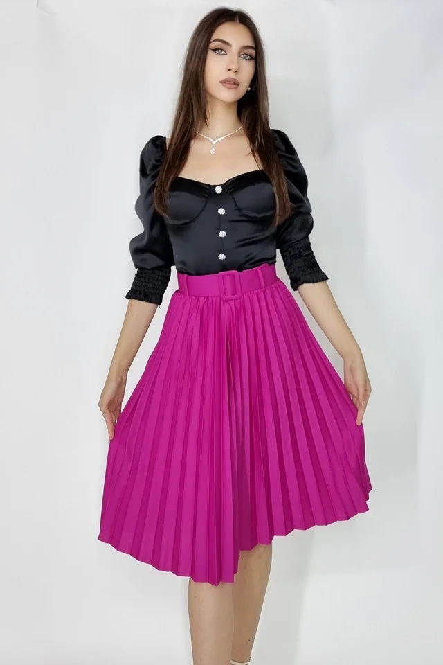 Fusta plisata eleganta Carmen, curea de aceeasi culoare inclusa, Fucsia, Marime universala S/M
