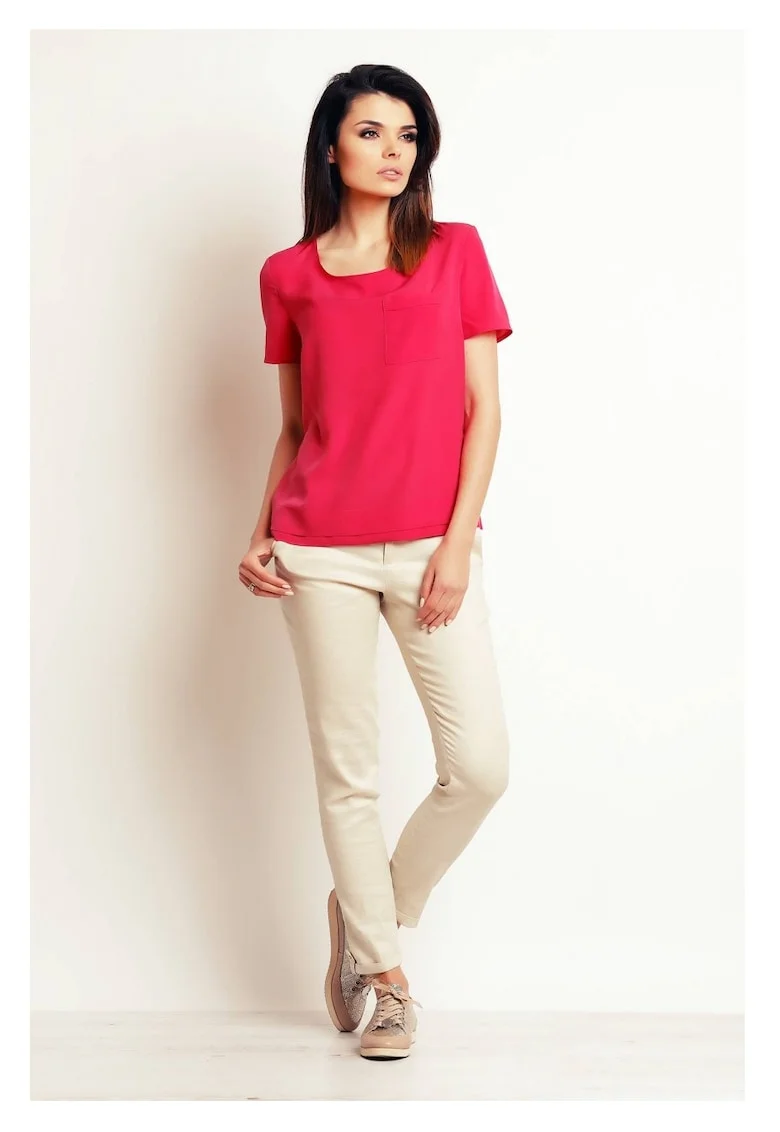 Bluza Casual Lejera De Dama,  Design Minimalist Modern Prevazut Cu Buzunar Aplicat, Material Premium Calitativ Cu Elastan, Maneci Scurte, Croiala Confortabila Ideala Pentru O Tinuta De Zi Versatila Si Chic, Lux, Roz