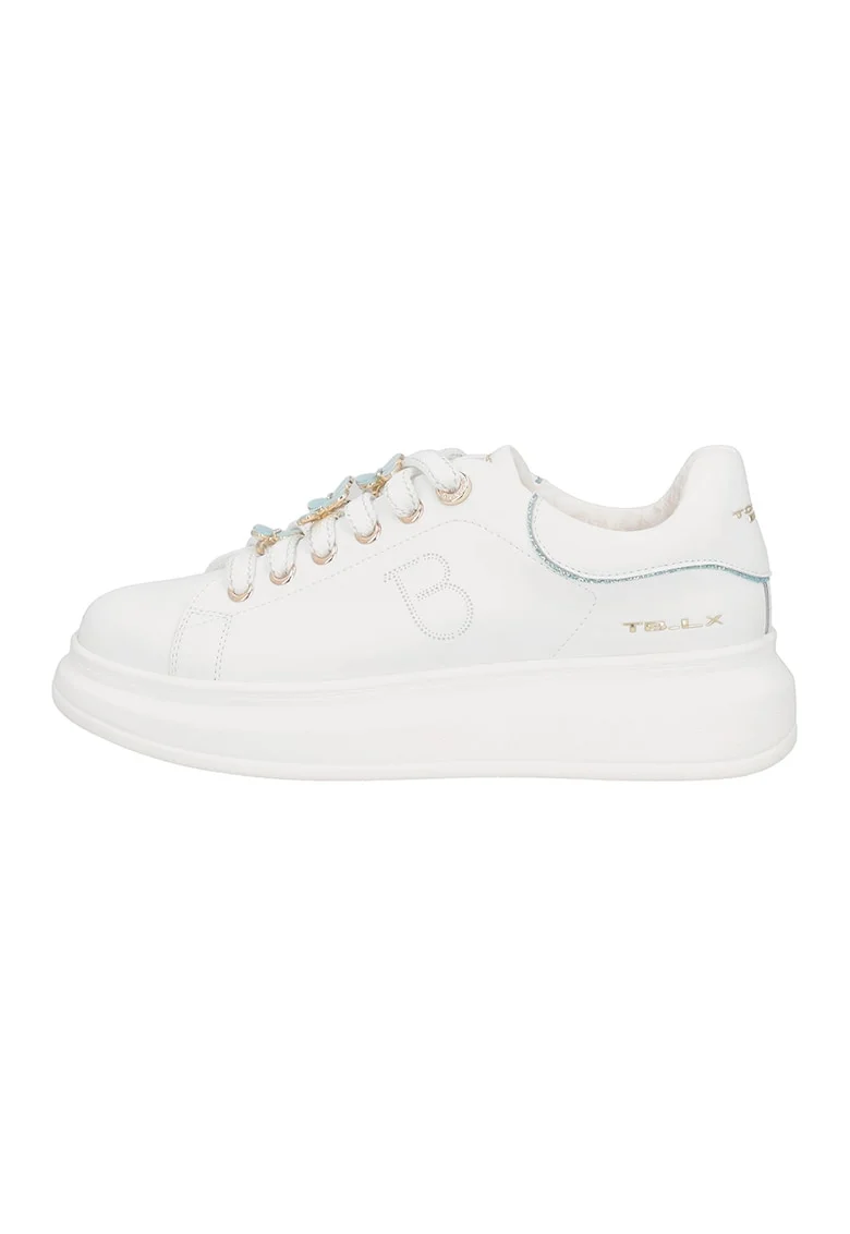 Pantofi sport din piele cu logo, Alb/Auriu/Albastru glaciar