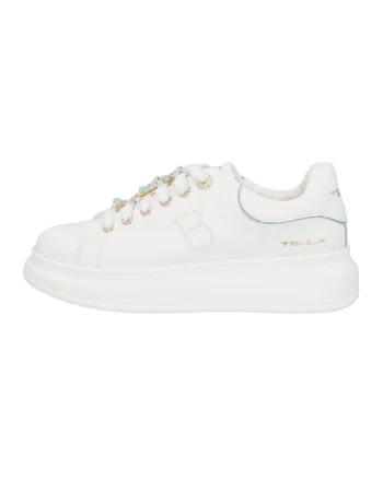 Pantofi sport din piele cu logo, Alb/Auriu/Albastru glaciar